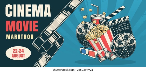 Ein buntes Plakat für einen Kinomarathon zeigt Popcornfilmrollen und eine Limonade. Die Veranstaltung läuft über die Feier von Kinoerlebnissen mit unterhaltsamen Details.