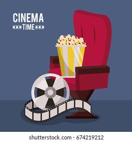 colorful poster of cinema time with cinema chair and film reel and popcorn