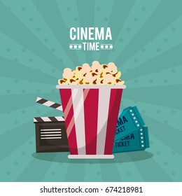 colorful poster of cinema time with clapperboard and tickets behind the popcorn in closeup