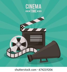 colorful poster of cinema time with clapperboard and film reel and megaphone