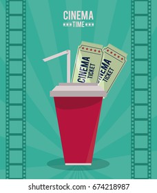 colorful poster of cinema time with drink and tickets