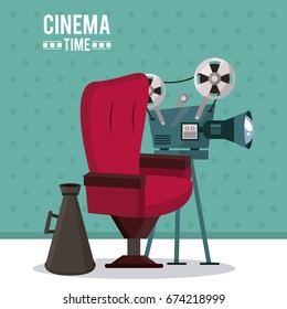 colorful poster of cinema time with movie projector and director chair