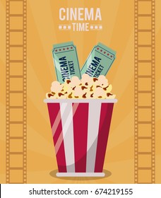 colorful poster of cinema time with popcorn bucket and tickets