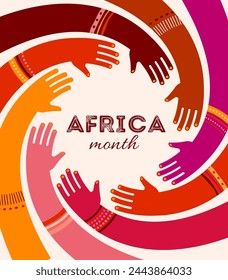 Colorful poster with circle of hands. Africa day, together, community concept design. Modern minimalist style vector illustration