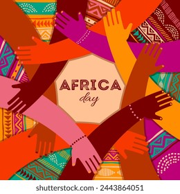 Colorful poster with circle of hands. Africa day, together, community concept design. Modern minimalist style vector illustration