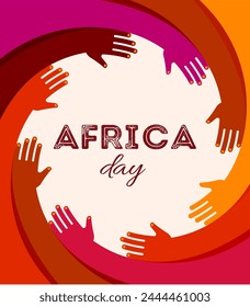 Póster colorido con círculo de manos. Día de África, juntos, diseño de concepto comunitario. Ilustración vectorial moderna de estilo minimalista