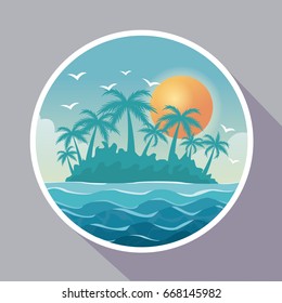 colorful poster with circular frame of island landscape