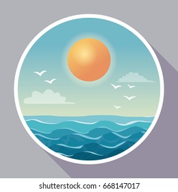 colorful poster with circular frame of sky ocean landscape with clouds and sun