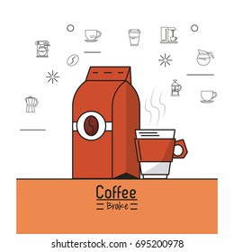 colorful poster of coffee shop with bag of ground coffee and cup