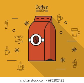 colorful poster of coffee shop with bag of ground coffee in yellow background