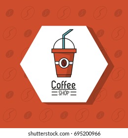 colorful poster of coffee shop with disposable coffee cup in rhombus frame