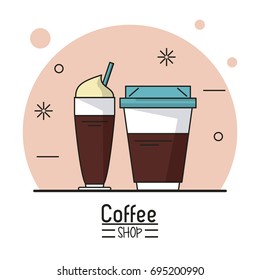 colorful poster of coffee shop with disposable coffee cup and cappuccino cup