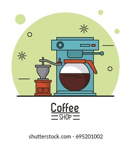 colorful poster of coffee shop with coffee maker and grinder