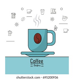 colorful poster of coffee shop with porcelain cup and grain coffee logo