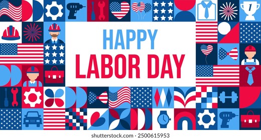 A colorful poster with a collage of images and the words Happy Labor Day. The poster is designed to celebrate the holiday and the hard work of laborers