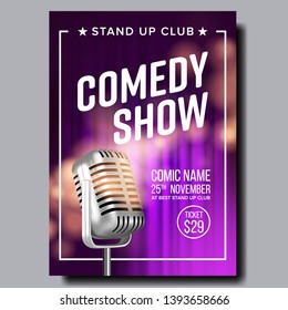 Colorful Poster Of Comedy Show In Club Vector. Vintage Metal Microphone Purple Curtain On Background Banner With Date, Ticket Price And Place Of Show Information. Realistic 3d Illustration