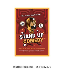 Colorful Poster Of Comedy Show In Club Vector. Vintage Metal Microphone Purple Curtain On Background Banner With Date, Ticket Price And Place Of Show Information