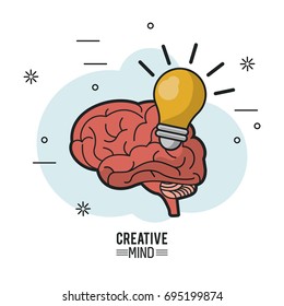 colorful poster of creative mind with brain and light bulb