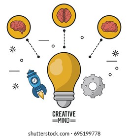 colorful poster of creative mind with the light bulb in closeup and brains in circles and icons of rocket and pinion