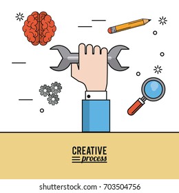 colorful poster creative process of hand with wrench and icons as pencil and brain and pinions and magnifying glass