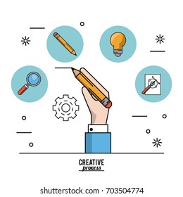 colorful poster creative process of hand with pencil making line and icons on top of light bulb and pencil and magnifying glass and fountain pen
