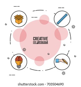 colorful poster creative process with icons on circles of cardboard box and ruler and hand with pencil and light bulb in shape of brain
