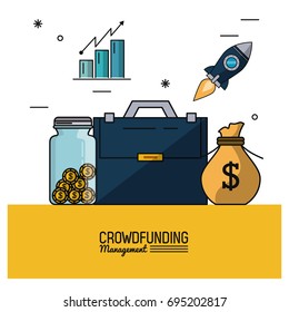 colorful poster of crowd funding management with executive briefcase and savings and bar graphs statistics