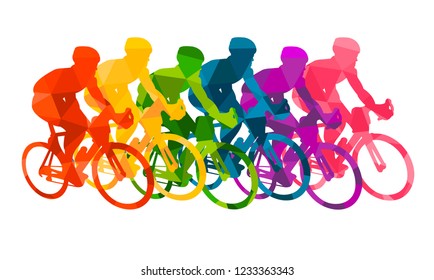 Colorful poster with cyclists riding bicycles. Cycling poses in bright silhouettes. Bicycle road racers. Competition and marathon. Adventure and travel outdoor on bicycle. Bike courier, vector