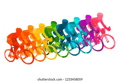 Colorful poster with cyclists riding bicycles. Cycling poses in bright silhouettes. Bicycle road racers. Competition and marathon. Adventure and travel outdoor on bicycle. Bike courier, vector