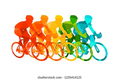 Colorful poster with cyclists riding bicycles. Cycling poses in bright silhouettes. Bicycle road racers. Competition and marathon. Adventure and travel outdoor on bicycle. Bike courier, vector sport