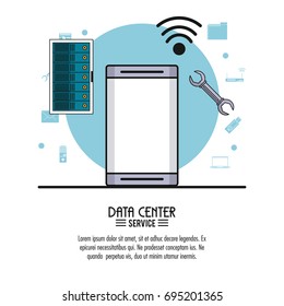 colorful poster of data center service with smartphone in closeup and rack server and wrench tool