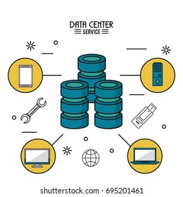 colorful poster of data center service with computer server and icons around