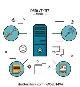 colorful poster of data center service with tower server and icons around