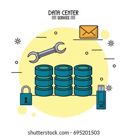 colorful poster of data center service with computer server icon and wrench tool and usb memory and padlock and mail