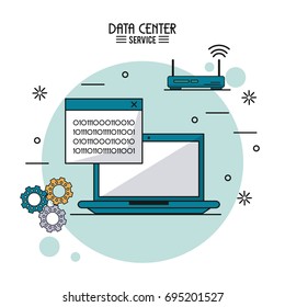 colorful poster of data center service with laptop computer with binary window and wireless router