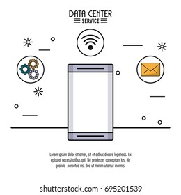 colorful poster of data center service with smartphone and related icons on top