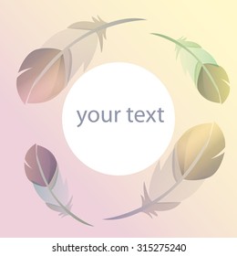 a colorful poster with delicate feathers on the 
background in watercolor style