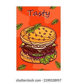 Colorful Poster Design With Burger And Sauce. Vivid Brochures For Fast Food Cafe Or Restaurant. Unhealthy Meal And Nutrition Concept. Template For Promotional Leaflet Or Flyer