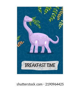 Colorful poster design with funny dinosaurs. Vivid childish brochures for promotion on blue background. Creatures and prehistoric time concept. Template for promotional leaflet or flyer