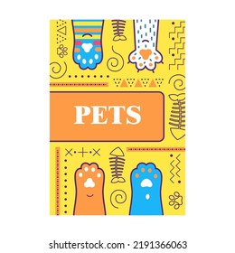 Colorful poster design with kitty paws. Vivid bright brochures for advertisement with fish skeletons and paws. Domestic animals and pets concept. Template for promotional leaflet or flyer