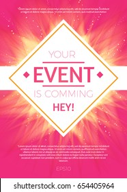 Colorful Poster Design Template with Burning Fire. Pink and Gold. Glamour Flyer, Brochure, Show Poster and Cover. Vector illustration