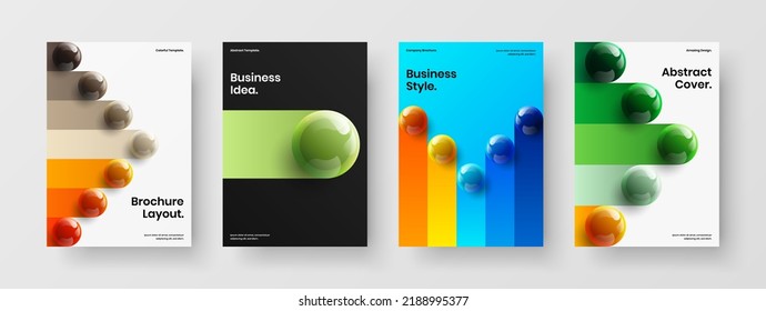 Colorful poster design vector template bundle. Multicolored realistic spheres magazine cover layout set.