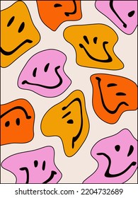 Farbiges Poster mit verzerrten Lächeln. Heller Hintergrund im Retrostil der 60er bis 70er Jahre. Groovy psychedelischer Stil. Vektorgrafik im einfachen linearen Stil - Designvorlage
