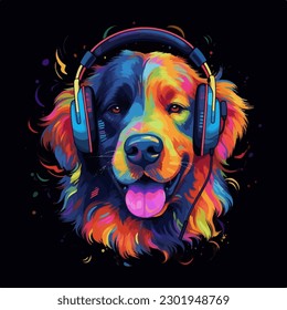 Colorful poster with dog listening to music portrait isolated on black background