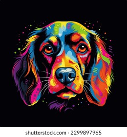 Colorful poster with dog portrait isolated on black background