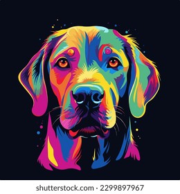 Colorful poster with dog portrait isolated on black background