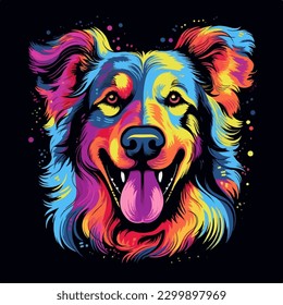 Colorful poster with dog portrait isolated on black background