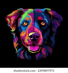 Colorful poster with dog portrait isolated on black background