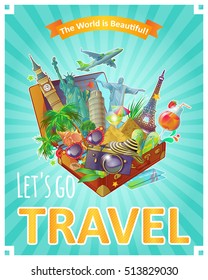 Colorful poster with editable text and conceptual composition of world known city sights in a bag vector illustration