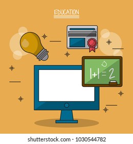 colorful poster of education with computer and blackboard in closeup and icons of light bulb and diploma